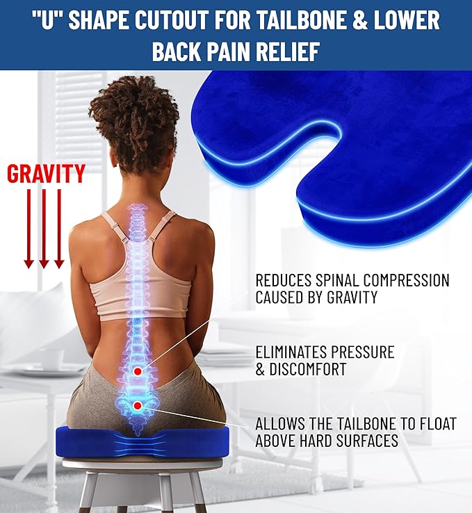 Everlasting Comfort Doctor Recommended Memory Foam Seat Cushion for Office Chairs & Car - Ergonomic Office Desk Accessories - Cushions for Tailbone Pain Relief, Sciatica (Blue, Large)