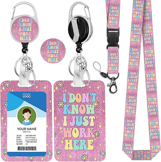 Funny Teacher Lanyard with ID Holders, Cute Retractable Lanyard Carabiner Reel Clip for Keys, Women Nurse Doctor Women Office Pink (I Don't Know, I JUST Work HERE)