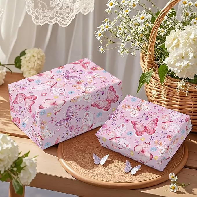 WRAPAHOLIC Pink Butterfly Wrapping Paper Roll - Mini Roll - 17 Inch x 33 Feet - Fantasy Floral Butterfly Design, Perfect for Birthday, Wedding, Bridal Shower