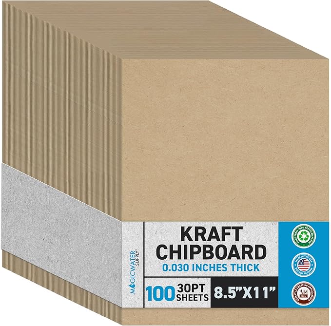 MagicWater Chipboard Sheet for DIY Projects - 8.5x11 Inch - 100 Pack - 30 pt - Heavy Duty Kraft (0.030 Inch Thick) Paperboard, for Scrapbooking, Books, Picture Frame Backing, Arts Project & Crafts