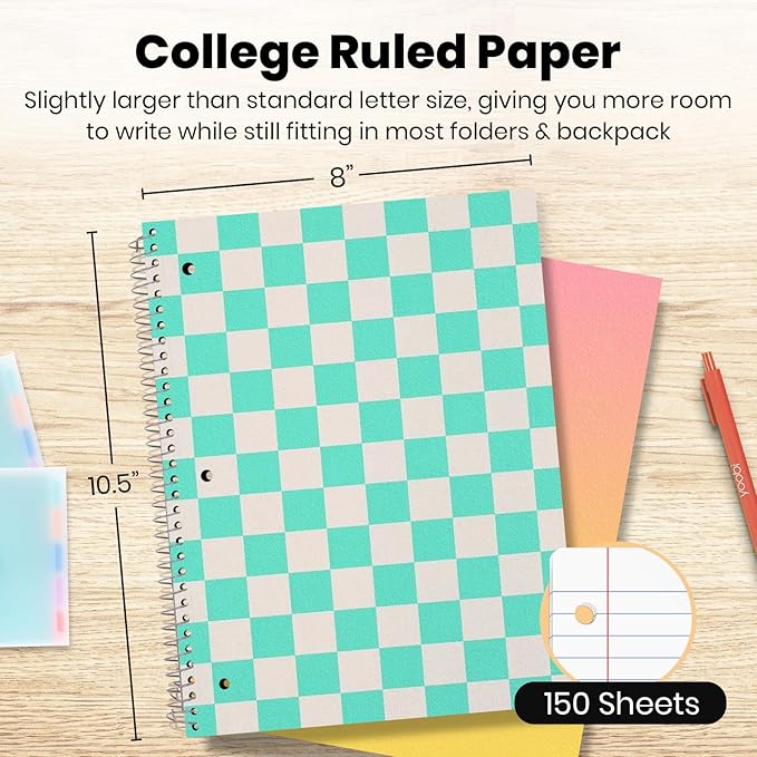 Yoobi Wide Ruled Spiral Notebook Set – 3-Pack of 1 Subject Notebooks, Bright Pink, Blue & Green Designs – 150 Perforated 3-Hole Punched Sheets Each, 10.5” x 8”