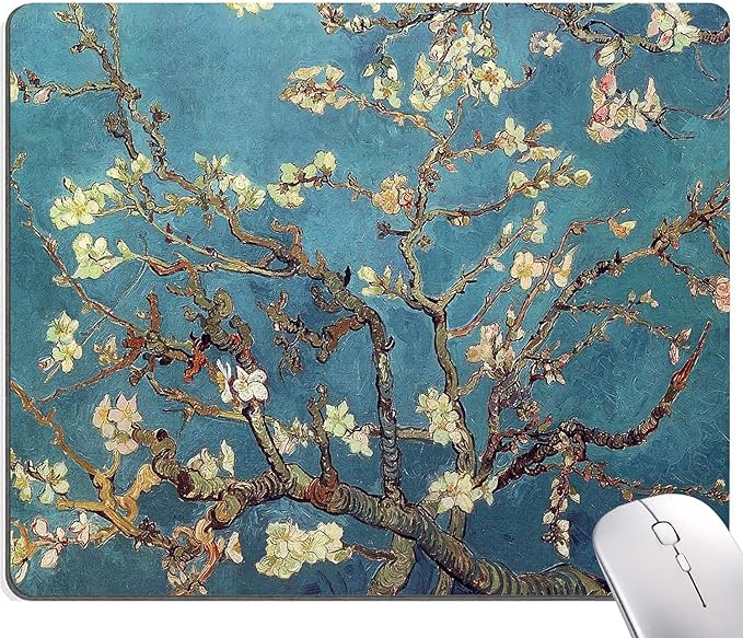 Almond Blossoms Van Gogh Mouse Pad, Oil Painting Flowers Mouse Mat, Square Waterproof Non-Slip Rubber Base MousePads for Office & Home Laptop
