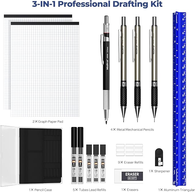 Nicpro 16PCS Drafting Tools with 12‘’ Aluminum Architect Scale Ruler, Mechanical Pencils 0.5, 0.7, 0.9 & 2mm, Lead Refills, 2 Pack Graph Paper Pad, Geometry Drawing Kit for Engineers Students Design