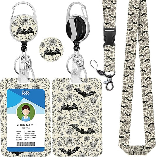 Halloween Lanyards for Id Badges, Goth Bat Floral Badge Holder with Retractable Carabiner Reel Clip, Adjustable Teacher Lanyard with Id Holder，ID Name Tag Work Badge Holder Teacher Nurse