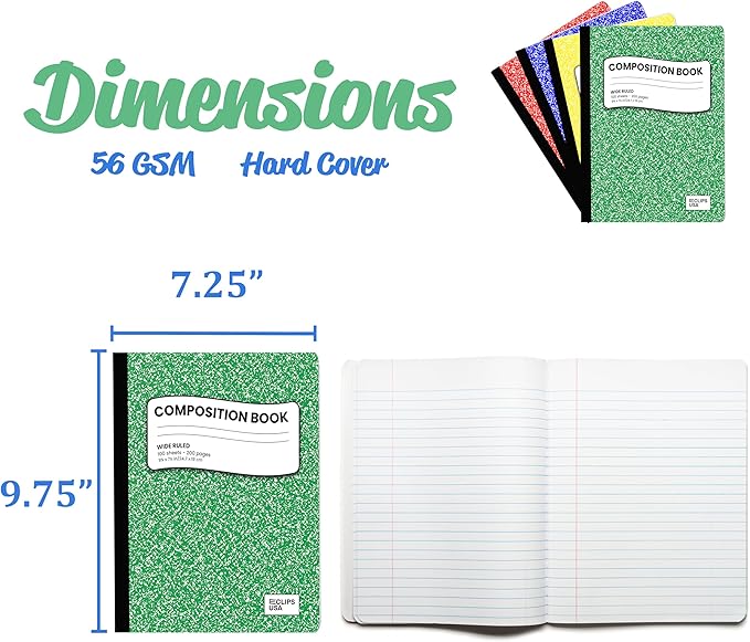 Composition Notebooks, (Assorted Colors), Wide Ruled Composition Notebook, Marble Composition Notebook, 100 Sheets, 200 Pages (12 Pack)