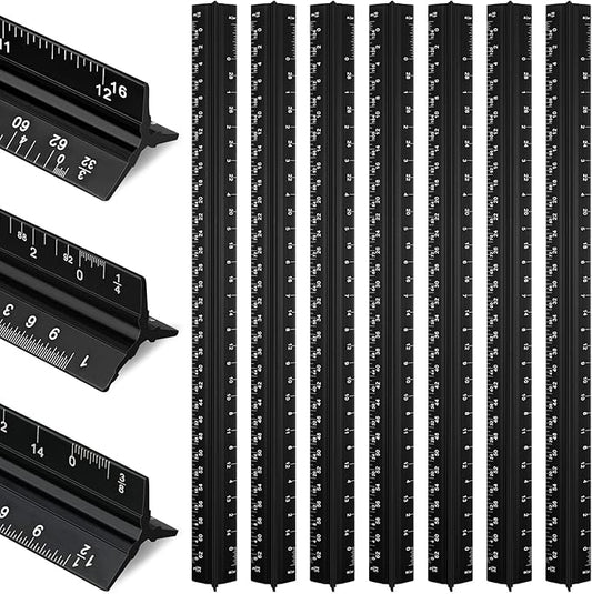 Macarrie 10 Pcs Architectural Scale Triangular Ruler 12" Architect Engineers Scale Ruler Set Aluminum Metal Ruler with Imperial Measurements for Architect Student Draftsman Engineer (Black)