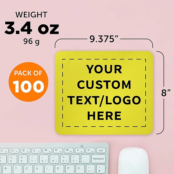 Custom Rectangle Mousepads Set of 100, Personalized Bulk Pack - Great Gift for Employees, Clients, and for Tradeshows - Yellow