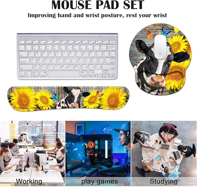 Keyboard Wrist Rest and Mouse Pad Wrist Support Set with Coasters, Ergonomic Gaming Mousepad Non-Slip PU Base for Home Office Working Studying Easy Typing & Pain Relief - Sunflowers and Cow