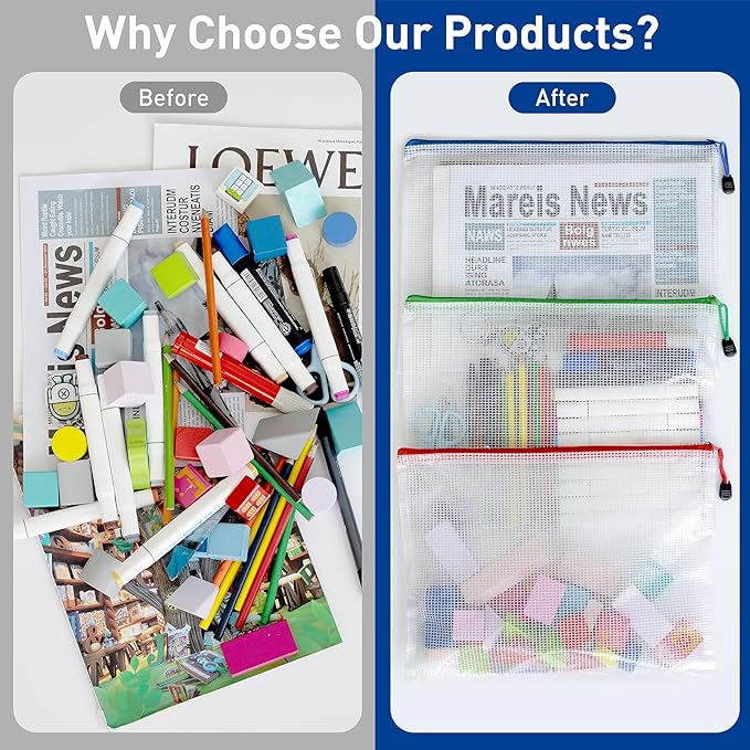 24pcs Mesh Bags With Zipper, A4 Zippered Pouch, Clear Pouches With Zipper, 8 Colors Mesh Bags, Plastic Bag, Letter Size Organization Pouches for Office, File, Toys, School