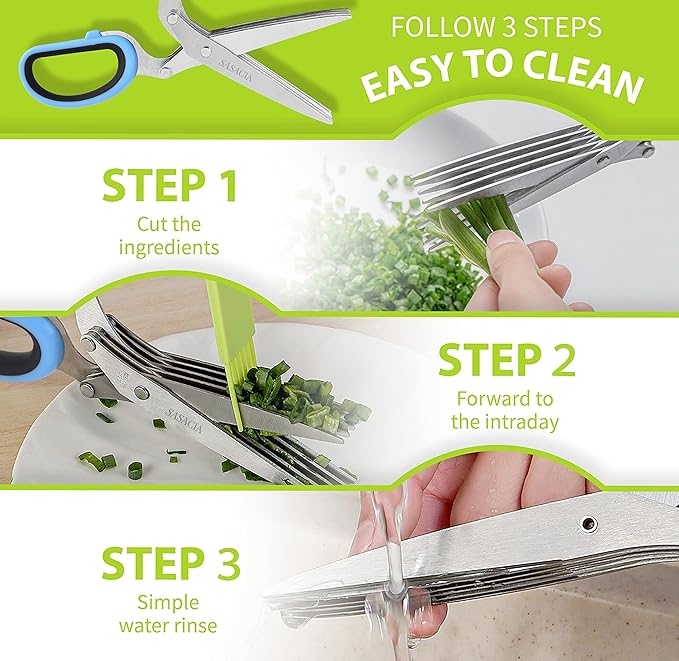 Herb Scissors with 5 Blades & Cleaning Kit, Stainless Steel Kitchen Shears for Herbs, Lettuce, Cilantro, Dishwasher Safe, Soft-Grip Handle