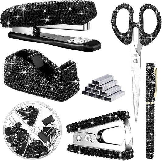 Demissle 6 Pcs Bling Office Desk Accessories Set Crystal School Stationery Kit Scissor Stapler with Staple, Tape Dispenser, Diamond Pen, Staple Remover, Binder Clip, Paper Clip, Push Pins(Black)