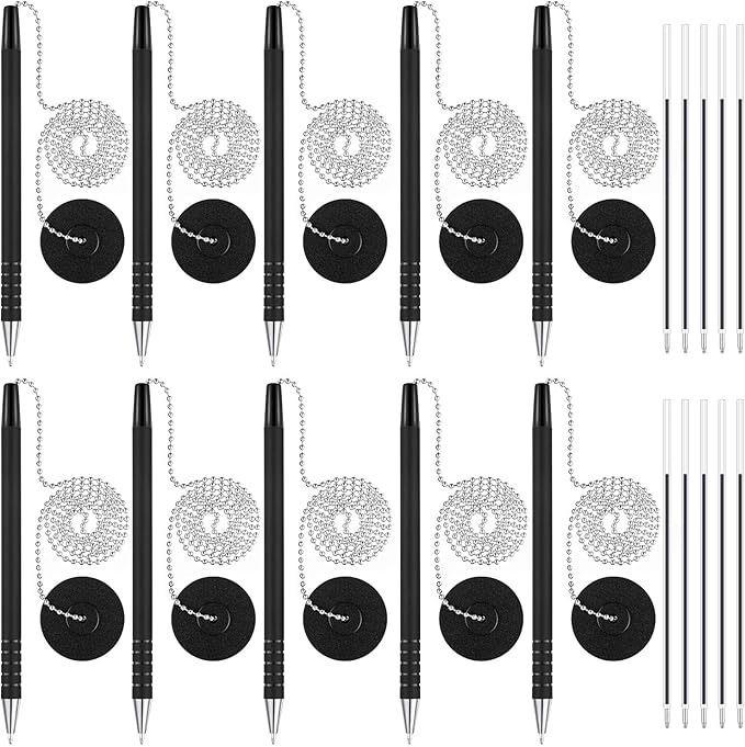 20 Pieces Security Pen Set with Bead Chain and Holder, Desktop Pens with Chains, Blank Ink Refills for Office Bank Supplies