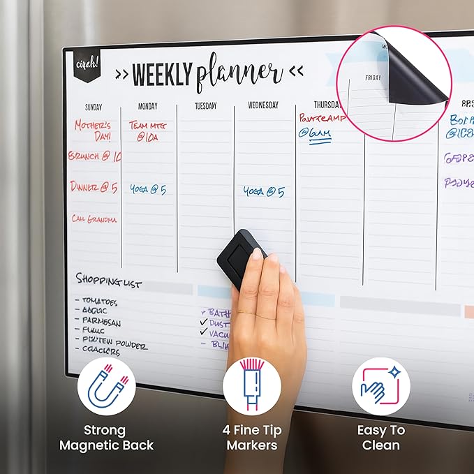 Cinch! 19x13-Inch Magnetic Whiteboard for Fridge - Weekly Calendar and Meal Planner - Stain Resistant Dry Erase Board with 4 Fine Tip Markers and Eraser - Magnetic Weekly Planner for Easy Scheduling