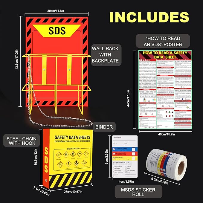 Lontcs MSDS SDS Binder and Wall Station Set,Yellow Heavy Duty 3 Inch Material Safety Data Sheet 3 Ring Binder with SDS Wire Rack and Display Sign,Chain,Safety Posters,MSDS Labels,Binder Wall Mount