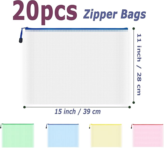 AUSTARK 20Pcs Board Games Storage Bags, PVC Mesh Zipper Pouches, Zippered File Bags, Plastic Waterproof Storage Bags for Office School Home Travel Cosmetic (B4 Size 15 x 11 Inches, Multicolored)