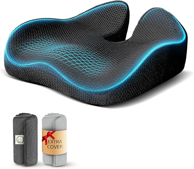 Sytopia Extra Large Office Chair Cushion, 19" x 17" Ergonomic Memory Foam Seat Cushion, Pressure Relief for Tailbone Pain, Sciatica & Hip Pain, Booster Pad for Sitting & Driving, Extra Cover (Black)