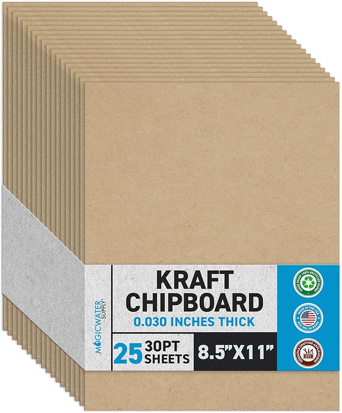 MagicWater Chipboard Sheet for DIY Projects - 8.5x11 Inch - 25 Pack - 30 pt - Heavy Duty Kraft (0.030 Inch Thick) Paperboard, for Scrapbooking, Books, Picture Frame Backing, Arts Project & Crafts