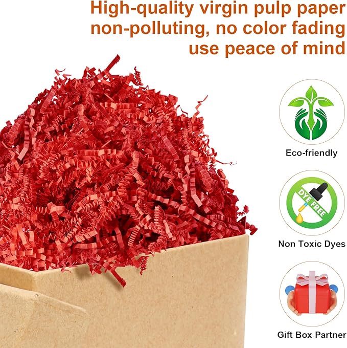 Darfukei Shredded Paper For Gift Baskets, Christmas 1/2LB (8 oz) Red Crinkle Paper Filler for New Year's gift Baskets Grass, Crinkle Cut Papers Shred For Birthdays, Weddings,Boxes Bags, Basket Filler ,Anniversaries,Gift Wrapping