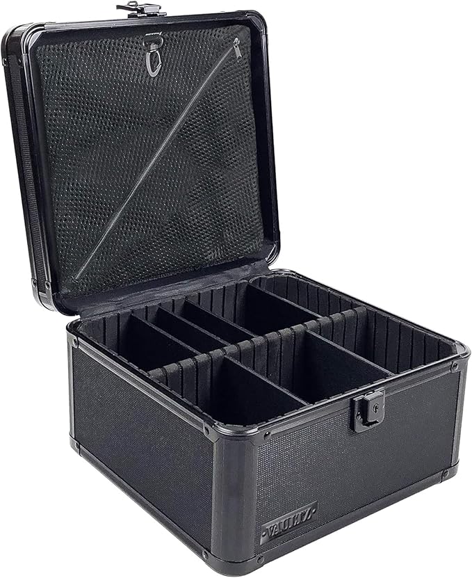 Vaultz Portable Safe Box - 10 x 10 x 6.5 Inch Large Storage Box with Lock, Mesh Pocket & Adjustable Compartments for Cash, Documents and Valuables - Tactical Black