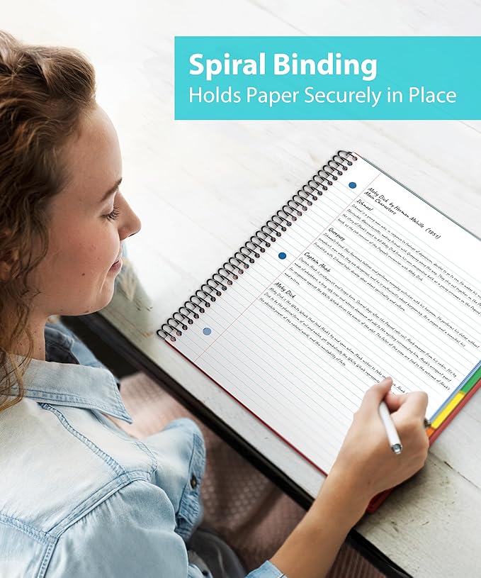 Dunwell 5-Subject Spiral Notebook, College Ruled (Red), Colorful Movable Pocket Dividers with Tabs, Front/Back Plastic Covers, 200 Sheets (400 Pages) of 3-Hole Punch Perforated 8.5x11 Paper