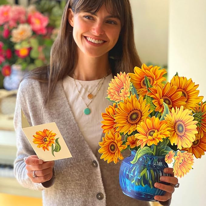 Freshcut Paper Pop Up Cards, Sunflowers, 12 Inch Life Sized Forever Flower Bouquet 3D Popup Greeting Card, Birthday Cards, Get Well Gifts, Blank Notecard & Envelope