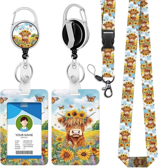 Highland Cows Lanyards with ID Holder Watercolor Butterfly Sunflower ID Badge Holder with Adjustable Breakaway Lanyard Cute Retractable Badge Reel for Teacher Student Kids Nurse Office