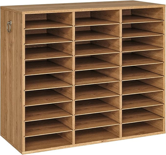 HOOBRO Literature Organizer, 27 Compartments Wooden Mail Organizer, Countertop Literature Sorter with Adjustable Shelves for Home, Office, School, Student Mailbox for Classroom, Walnut WL27WF01