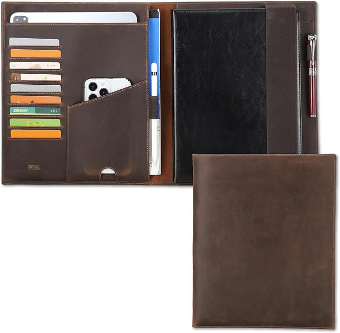 Top Grain Leather 12.9" Padfolio for Men & Women, Handmade, Multi-Functional RFID-Block Business Portfolio Organizer, Fits Credit Cards/Phone/13 iPad Pro/A4 Notebook/Pens, Coffee 12.9 Inch
