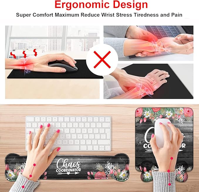 Keyboard Wrist Rest & Mouse Pad Wrist Support Set, Chaos Coordinator Quotes Colored Floral Wreath Print Design Non-Slip Rubber PU Base for Home Office Working Studying Easy Typing & Pain Relief