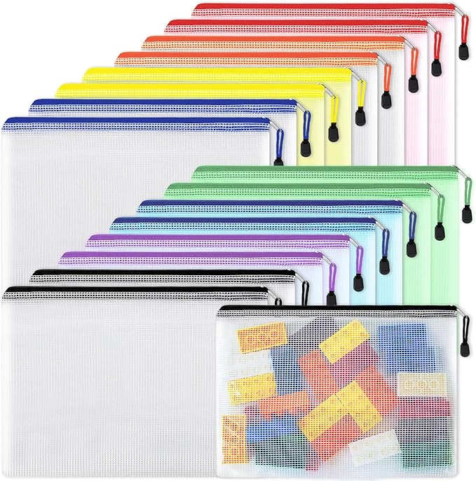 EOOUT 16pcs Mesh Zipper Pouch, Puzzles, Board Game Storage Bags for Organizing, Waterproof Zip File Bags, Letter Size, Suitable for A4 Size, for School Office Supplies, Storage Bags, 8 Colors