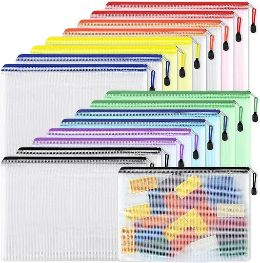 EOOUT 16pcs Mesh Zipper Pouch, Puzzles, Board Game Storage Bags for Organizing, Waterproof Zip File Bags, Letter Size, Suitable for A4 Size, for School Office Supplies, Storage Bags, 8 Colors