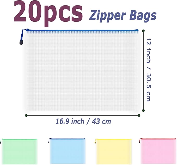 AUSTARK 20 Pcs Zipper File Bags, Plastic Mesh Pouch, Board Game Storage, Waterproof for Office School (A3 Size 16.9''x12'', Multicolored)