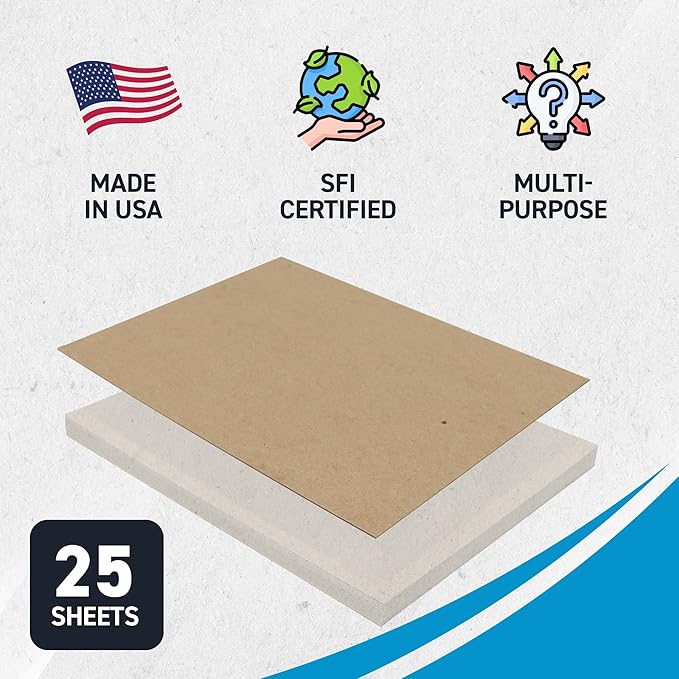 MagicWater Chipboard Sheet for DIY Projects - 8.5x11 Inch - 25 Pack - 30 pt - Heavy Duty Kraft (0.030 Inch Thick) Paperboard, for Scrapbooking, Books, Picture Frame Backing, Arts Project & Crafts