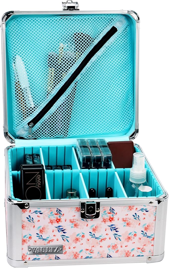 Vaultz Portable Safe Box - 10 x 10 x 6.5 Inch Large Storage Box with Lock, Mesh Pocket & Adjustable Compartments for Cash, Documents and Valuables - Floral