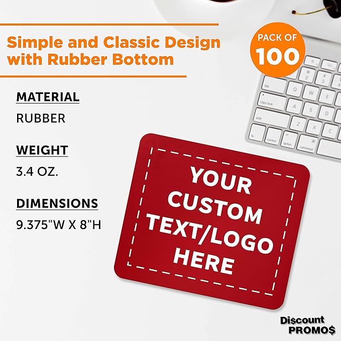 Custom Rectangle Mousepads Set of 100, Personalized Bulk Pack - Great Gift for Employees, Clients, and for Tradeshows - Red