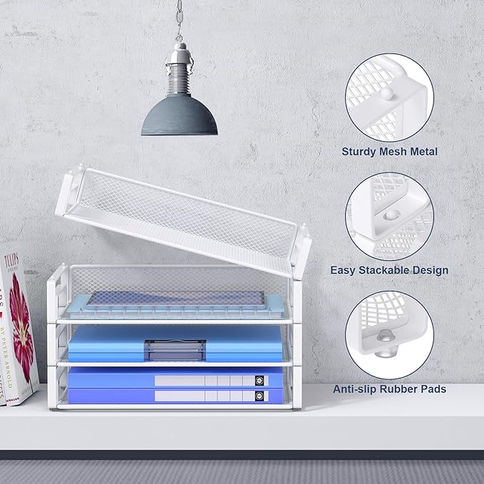 Samstar 4 Pack White Stackable Letter Paper Tray, Desk File Organizer Paper Sorter for Letter/A4 Size Folders Documents, Mesh Made,White