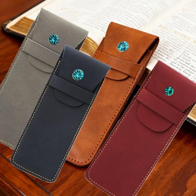 Handmade Leather Pen Case Set - 5 - Pack with Artificial Sapphire Inlay, Multi - Color Pen Sleeves for Fountain Pens & Markers (blue)