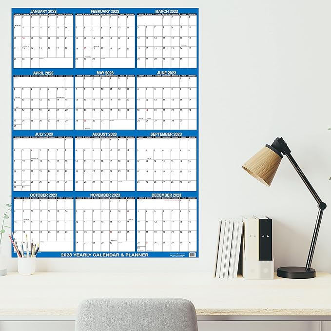 24" x 36" SwiftGlimpse 2026 Wall Calendar Erasable Large Wet & Dry Erase Laminated 12 Month Annual Yearly Wall Planner, Reversible, Horizontal/Vertical, Navy