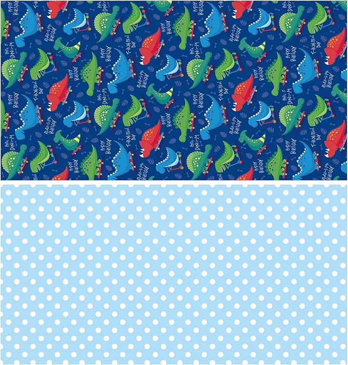 WRAPAHOLIC Reversible Wrapping Paper - Mini Roll - 17 Inch x 33 Feet - Dinosaur and Polka Dot Design for Kid's Birthday, Party, Baby Shower