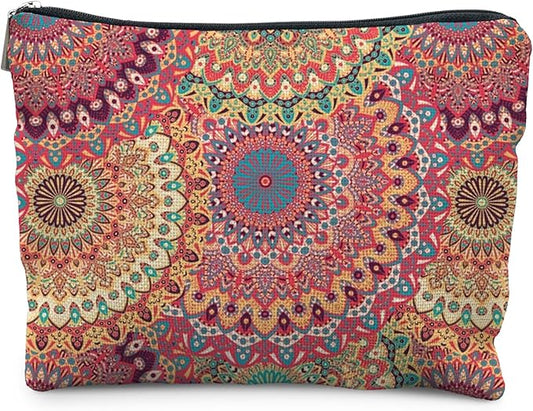 Boho Mandala Floral Makeup Bag, Bohemian Ethnic Mandala Flower Cosmetic Bags Toiletry Bag for Women, Hippie Flower Makeup Bag, Floral Makeup Pouch