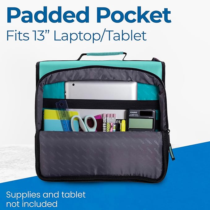 Case-it Universal Zipper Binder | 2-Inch O-Rings, 13-Inch Laptop/Tablet Padded Pocket, 400 Sheet Capacity, Multiple Storage Pockets & Shoulder Strap | School & Office Organizer | LT-007 Spearmint