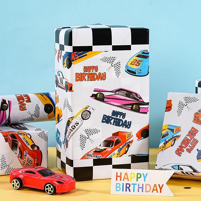 WRAPAHOLIC Reversible Racing Car Wrapping Paper - Mini Roll - 17 Inch x 33 Feet - Checkered Flag Happy Birthday Wrapping Paper for Kids Boys Birthday, Baby Shower