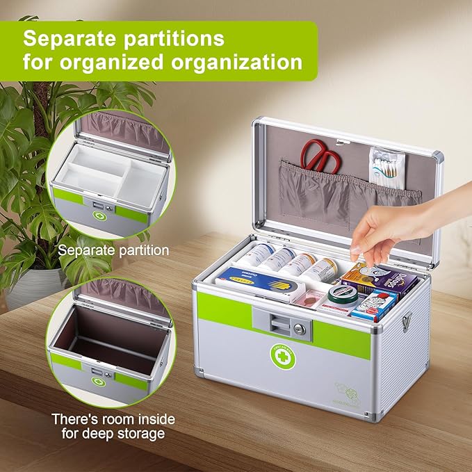 Medication Lock Box with Key, Extra Large (15.9 x 9.3 x 8.9 inches), Silver, Modern Style, Medicine Storage Box