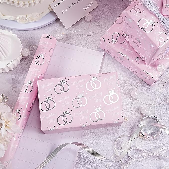 WRAPAHOLIC Wedding Wrapping Paper Roll - Mini Roll - 17 Inch x 16.5 Feet - Pink and Silver Foil Ring Design, Perfect for Wedding, Bridal Shower, Birthday