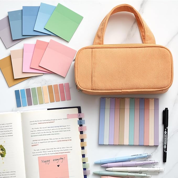 Jutom 39 Pcs Aesthetic Book Annotation Kit Highlighter with Pencil Case Bag Gel Pen Transparent Sticky Note Taking Bible Study College School Supplies(Orange,Classic Style)