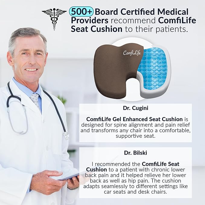 ComfiLife Premium Gel & Memory Foam Seat Cushion – Doctor Recommended Office Chair Cushion, Car Seat Cushion – Chair Cushions for Back & Sciatica Pain Relief – Seat Cushions for Office & Desk (Brown)