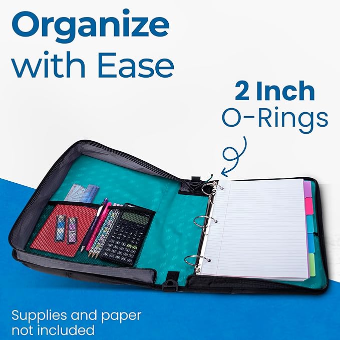 Case-it Universal Zipper Binder | 2-Inch O-Rings, 13-Inch Laptop/Tablet Padded Pocket, 400 Sheet Capacity, Multiple Storage Pockets & Shoulder Strap | School & Office Organizer | LT-007 Spearmint