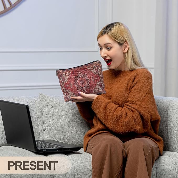 Traditional Red Rug Style Makeup Bag, Vintage Ethnic Pattern Cosmetic Bag Gifts for Women Friends, Boho Tapestry Pouch