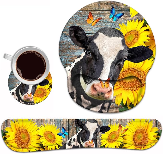 Keyboard Wrist Rest and Mouse Pad Wrist Support Set with Coasters, Ergonomic Gaming Mousepad Non-Slip PU Base for Home Office Working Studying Easy Typing & Pain Relief - Sunflowers and Cow
