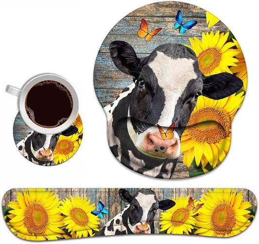 Keyboard Wrist Rest and Mouse Pad Wrist Support Set with Coasters, Ergonomic Gaming Mousepad Non-Slip PU Base for Home Office Working Studying Easy Typing & Pain Relief - Sunflowers and Cow